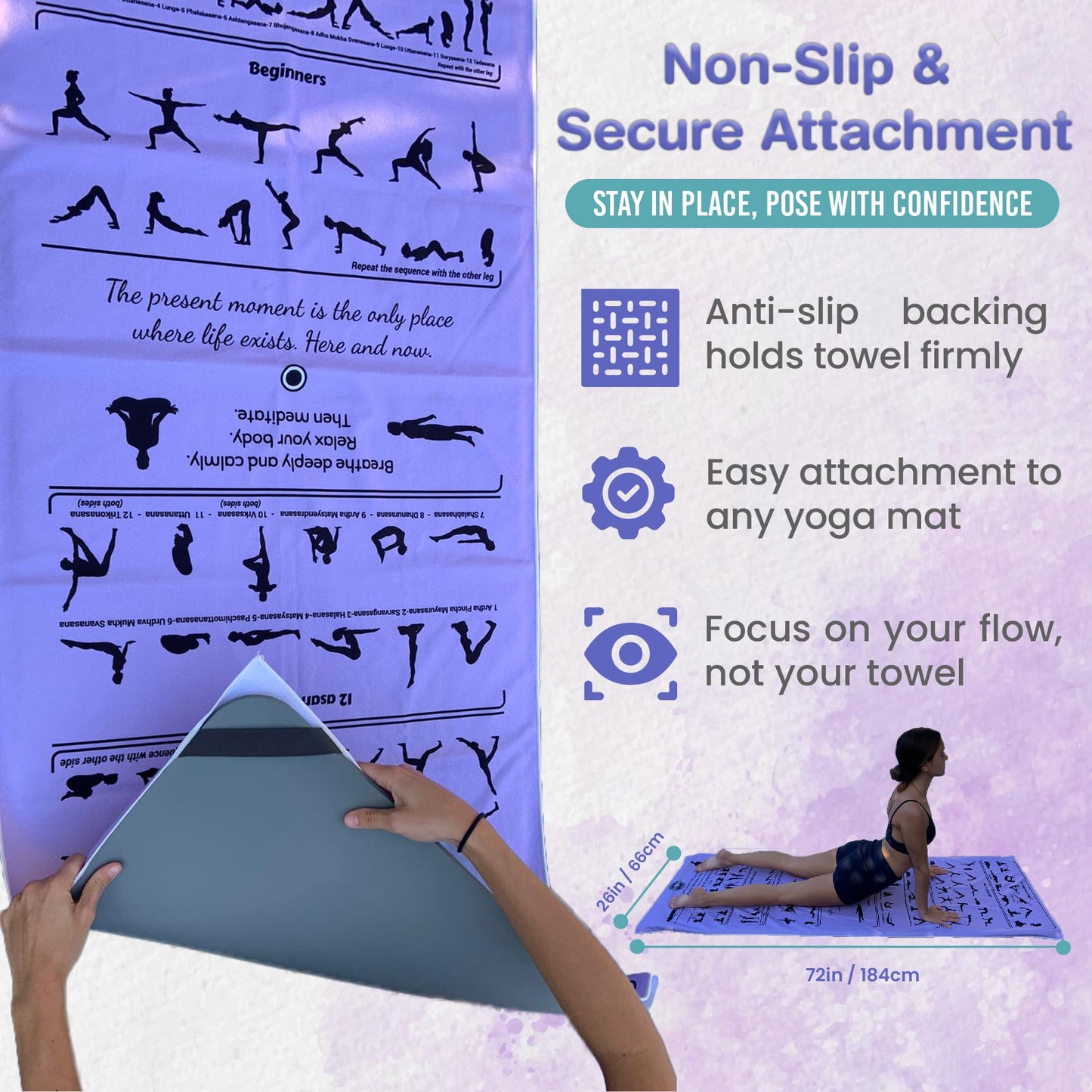 TAI CHI BALANCE Yoga Towel Non Slip – Light Purple, Illustrated Yoga Poses, Absorbent Microfiber for Hot Yoga, Extra Long Quick-Drying Mat Towel, Full Mat Coverage, Ideal for Bikram, Vinyasa