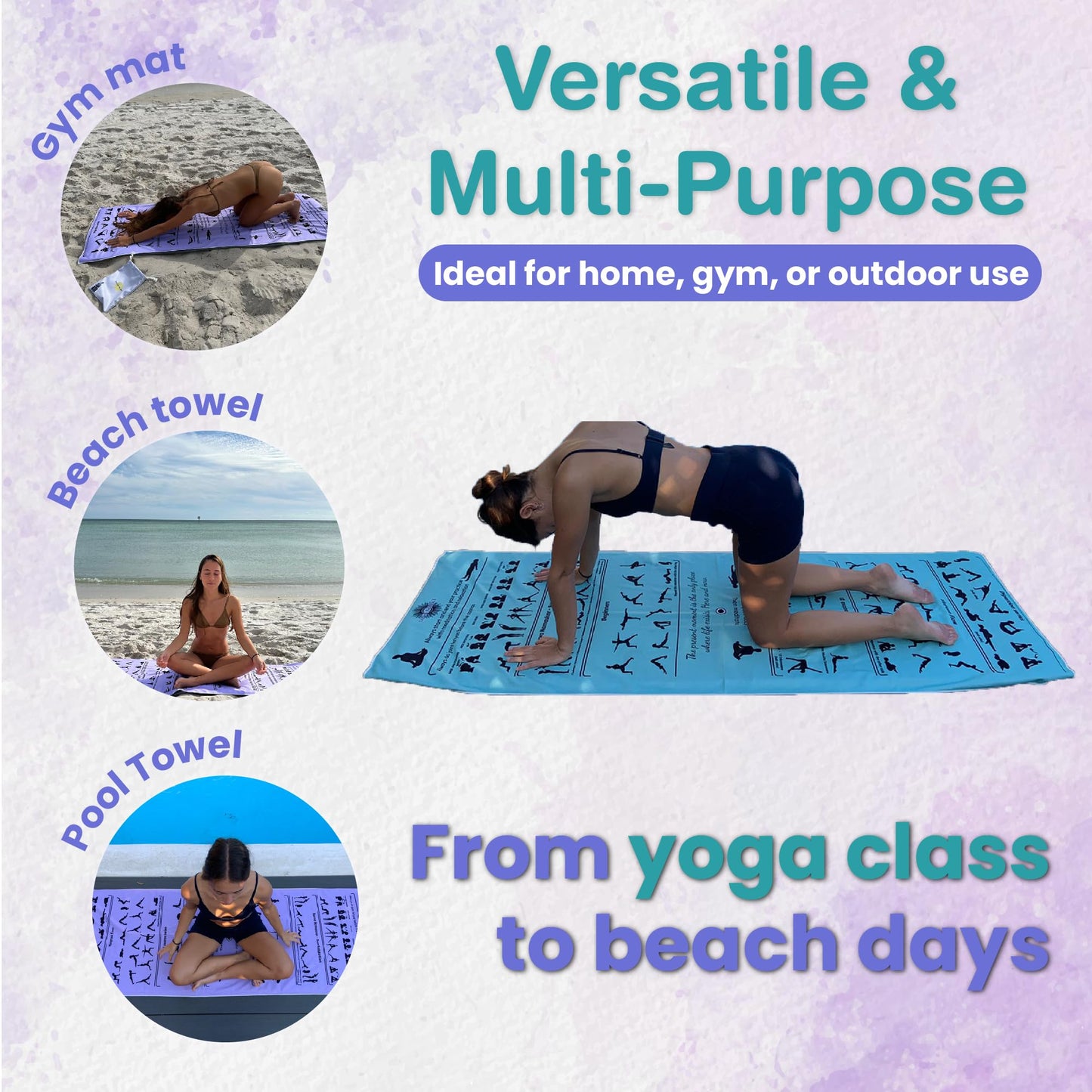 TAI CHI BALANCE Yoga Towel Non Slip – Light Purple, Illustrated Yoga Poses, Absorbent Microfiber for Hot Yoga, Extra Long Quick-Drying Mat Towel, Full Mat Coverage, Ideal for Bikram, Vinyasa