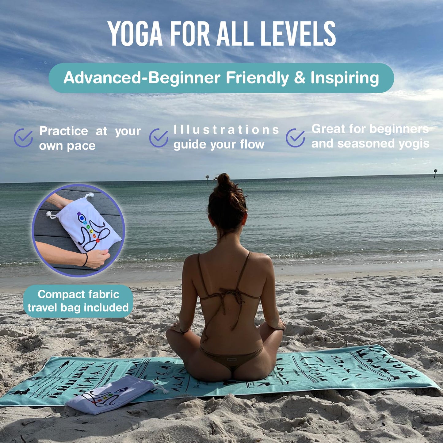 TAI CHI BALANCE Yoga Towel Non Slip – Light Purple, Illustrated Yoga Poses, Absorbent Microfiber for Hot Yoga, Extra Long Quick-Drying Mat Towel, Full Mat Coverage, Ideal for Bikram, Vinyasa