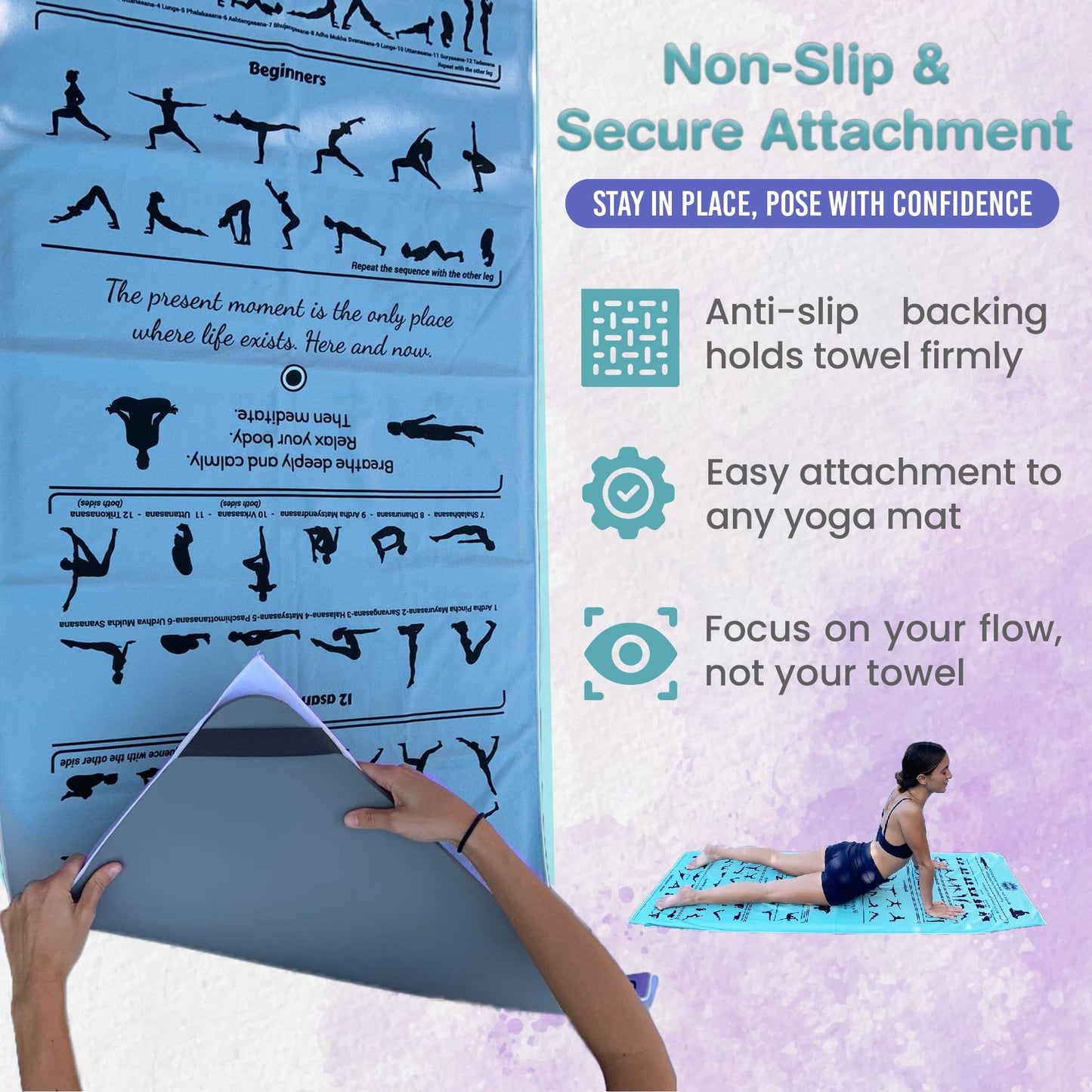 TAI CHI BALANCE Yoga Towel Non Slip – Light Purple, Illustrated Yoga Poses, Absorbent Microfiber for Hot Yoga, Extra Long Quick-Drying Mat Towel, Full Mat Coverage, Ideal for Bikram, Vinyasa