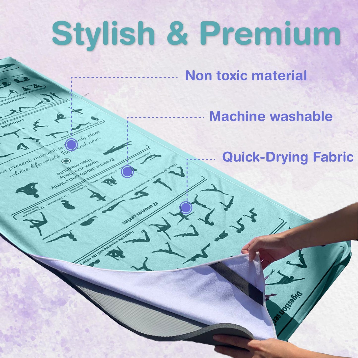 TAI CHI BALANCE Yoga Towel Non Slip – Light Purple, Illustrated Yoga Poses, Absorbent Microfiber for Hot Yoga, Extra Long Quick-Drying Mat Towel, Full Mat Coverage, Ideal for Bikram, Vinyasa