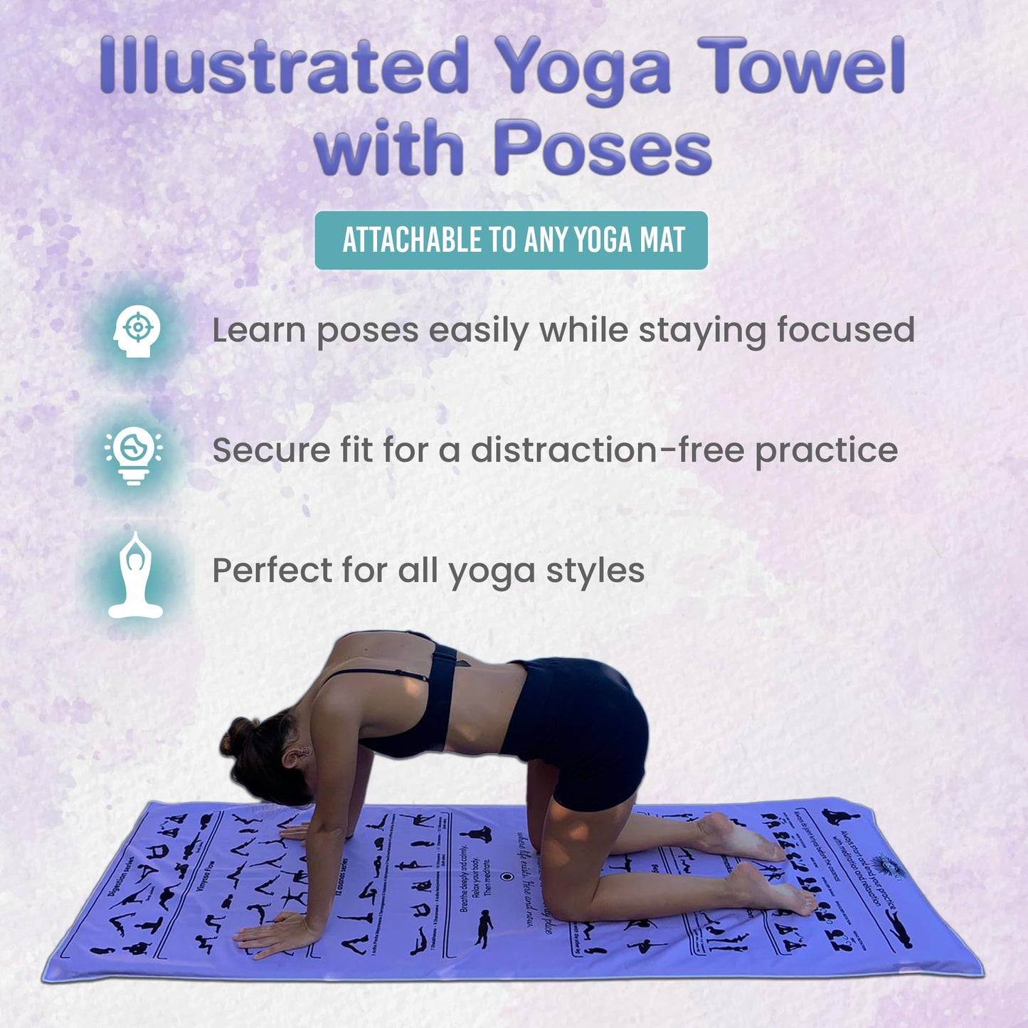 TAI CHI BALANCE Yoga Towel Non Slip – Light Purple, Illustrated Yoga Poses, Absorbent Microfiber for Hot Yoga, Extra Long Quick-Drying Mat Towel, Full Mat Coverage, Ideal for Bikram, Vinyasa