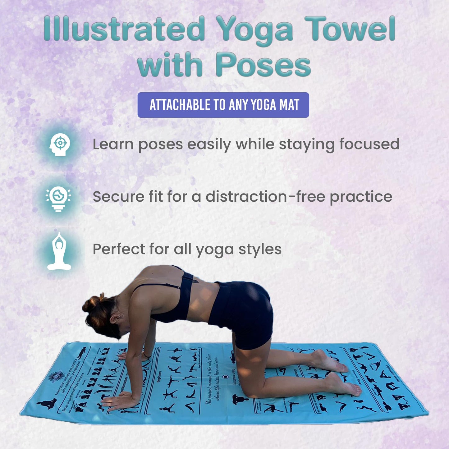 TAI CHI BALANCE Yoga Towel Non Slip – Light Purple, Illustrated Yoga Poses, Absorbent Microfiber for Hot Yoga, Extra Long Quick-Drying Mat Towel, Full Mat Coverage, Ideal for Bikram, Vinyasa