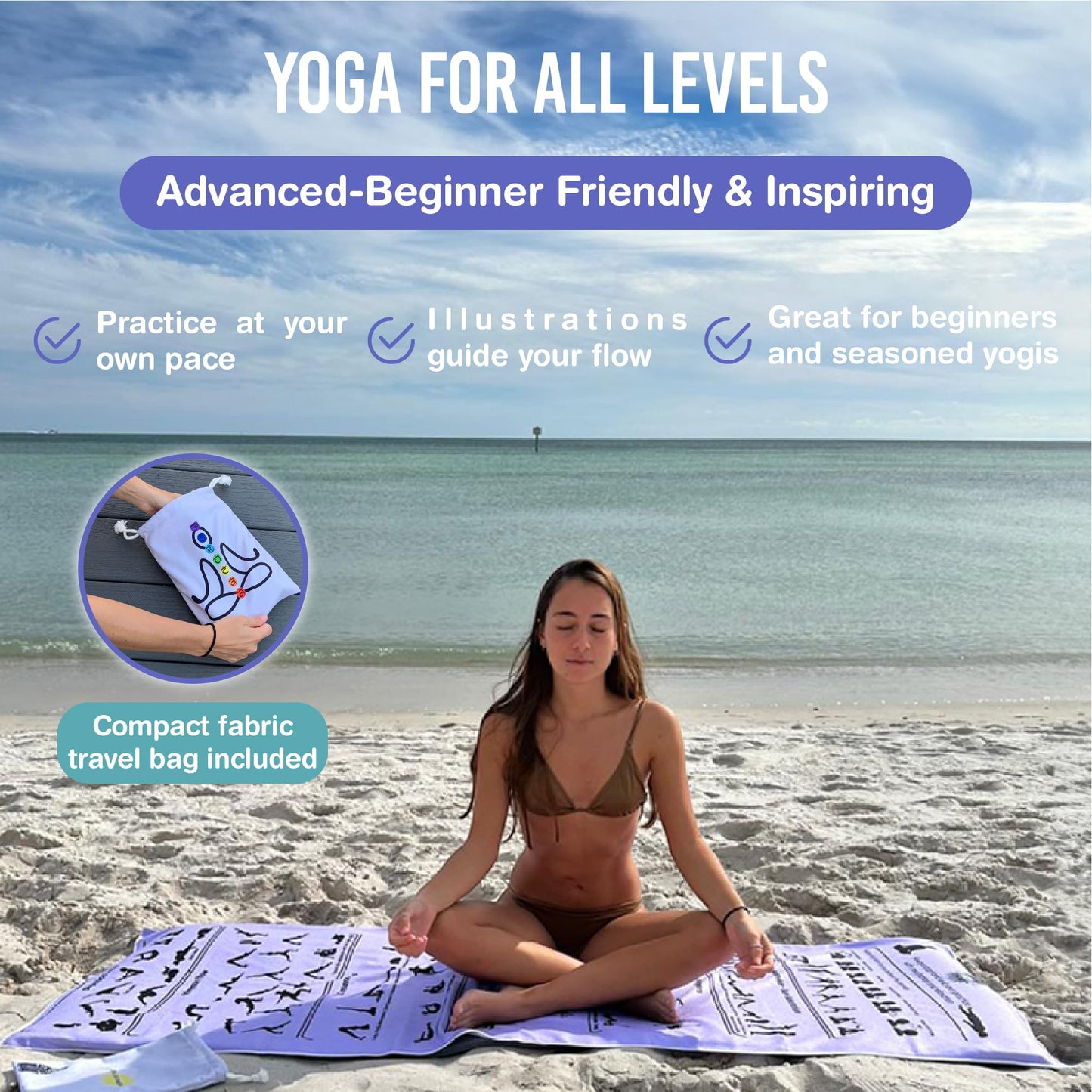 TAI CHI BALANCE Yoga Towel Non Slip – Light Purple, Illustrated Yoga Poses, Absorbent Microfiber for Hot Yoga, Extra Long Quick-Drying Mat Towel, Full Mat Coverage, Ideal for Bikram, Vinyasa
