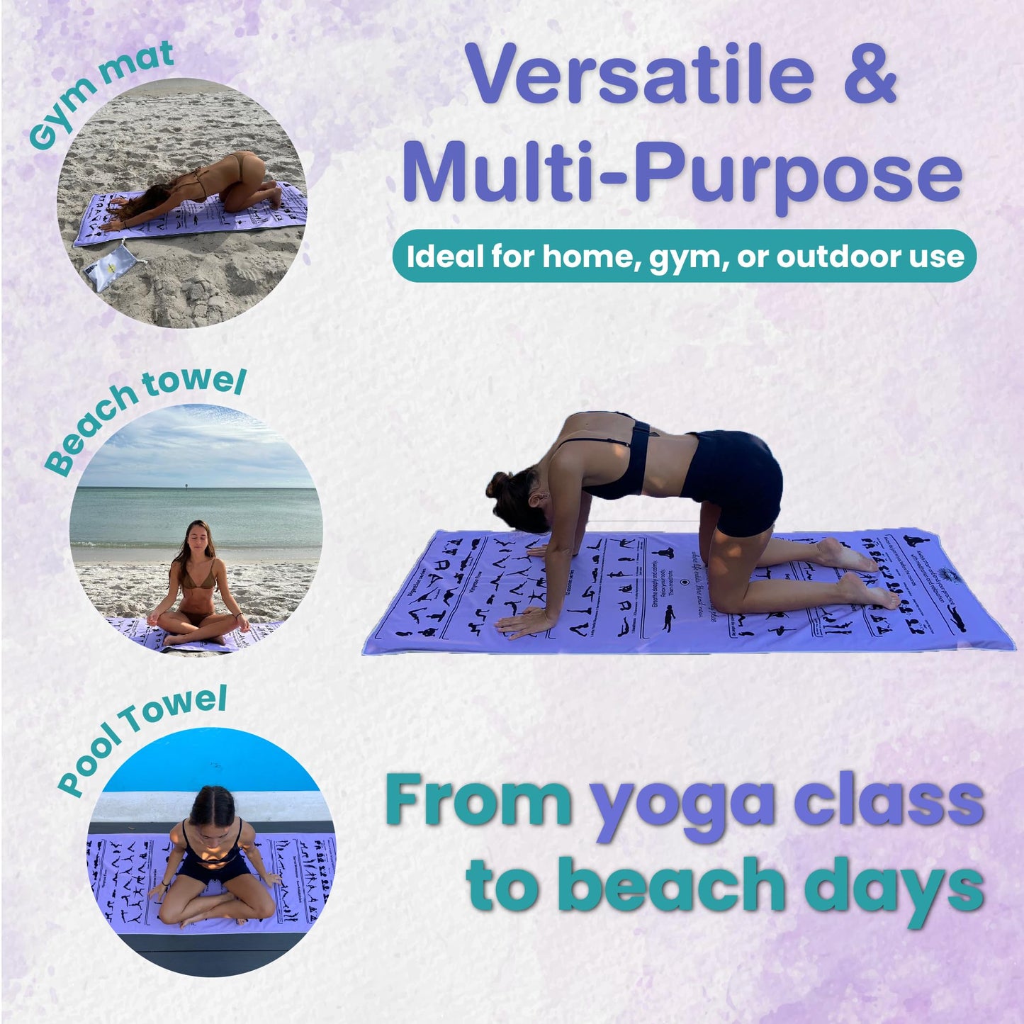 TAI CHI BALANCE Yoga Towel Non Slip – Light Purple, Illustrated Yoga Poses, Absorbent Microfiber for Hot Yoga, Extra Long Quick-Drying Mat Towel, Full Mat Coverage, Ideal for Bikram, Vinyasa