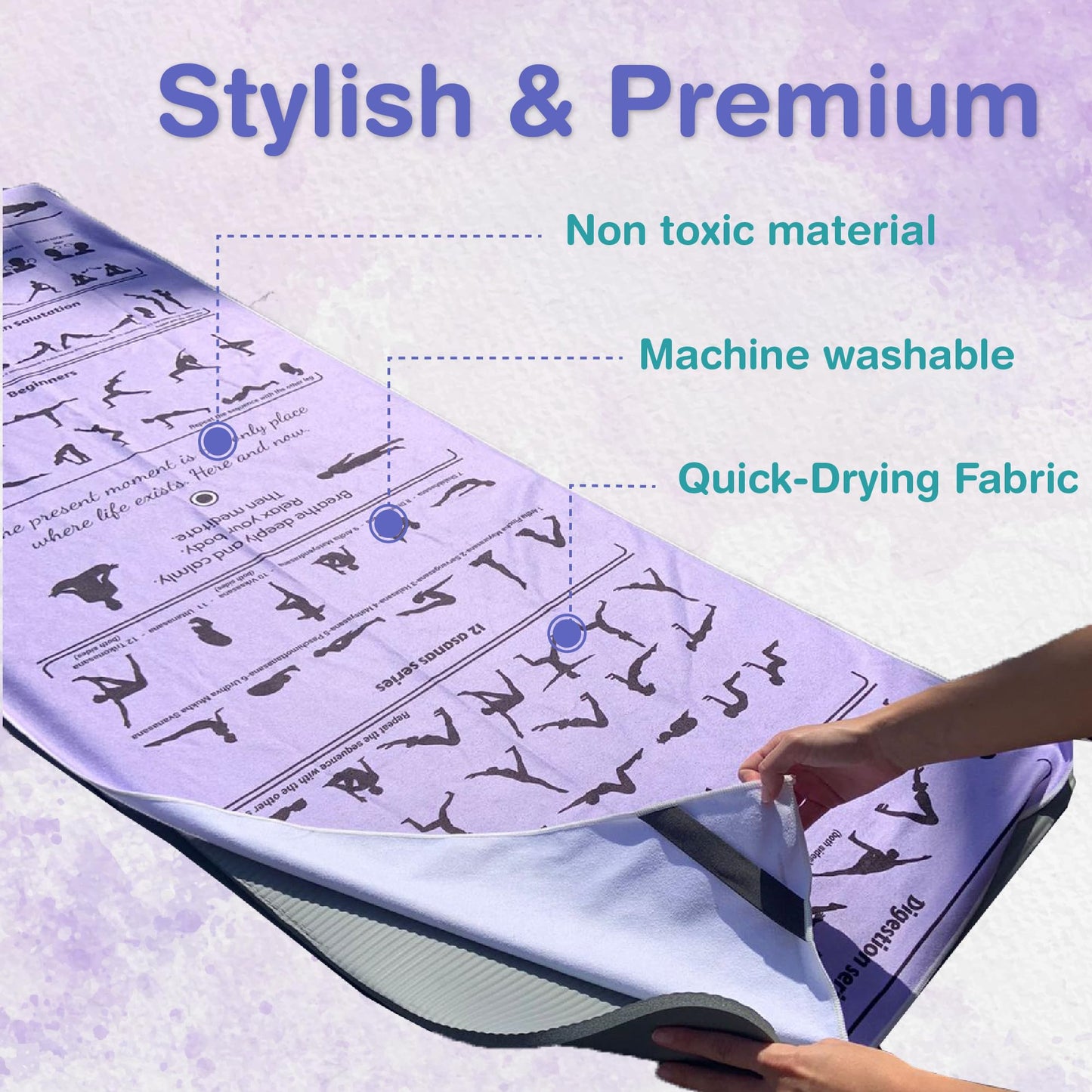 TAI CHI BALANCE Yoga Towel Non Slip – Light Purple, Illustrated Yoga Poses, Absorbent Microfiber for Hot Yoga, Extra Long Quick-Drying Mat Towel, Full Mat Coverage, Ideal for Bikram, Vinyasa